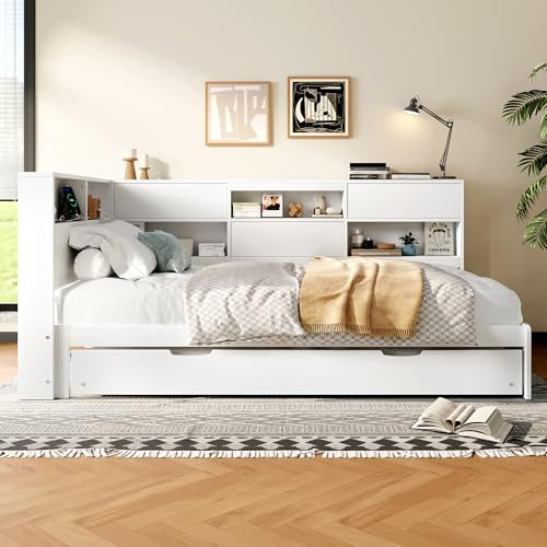 Moimhear Letto con letto estraibile e vano portaoggetti – 90 x 200 cm bianco – Divano letto con funzione di ricarica USB-C in legno massello – senza materasso (90 x 200 cm)