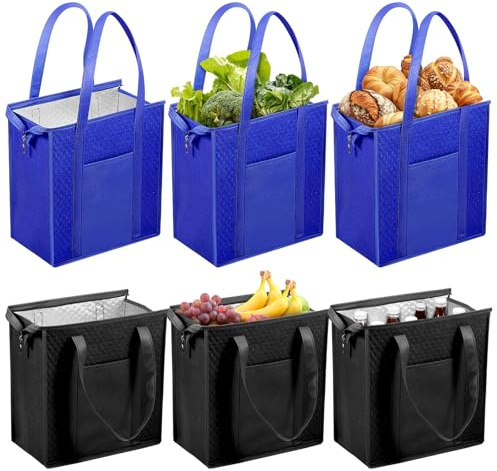 6Pcs Thermally Insulated Shopping Bags, Large Premium Quality Insulated Collapsible Cooler Bag with Zipper Closure, Reusable Grocery Food Delivery Bag Easy to Carry Design, Keep Food Warm/Hot for Shop