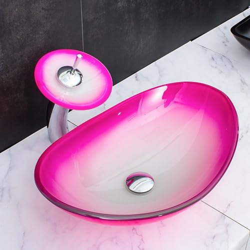 ZYCDP Glaswaschbecken Bad Waschbecken Aufsatzbecken Oval mit Armatur 540 X 360 X 160 mm Rosa