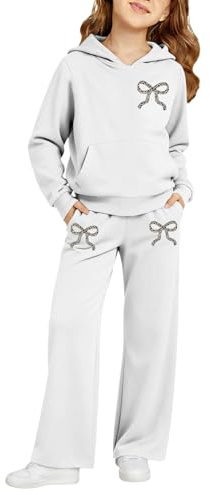Girls Cute Bow Gym Set Athletic Jogging Tracksuit Kids Graphic Oversized Hoodie with Joggers Activewear Sweatshirt Sweatpants 2 Piece Youth School Spring Suit (White, 9-10 Years)