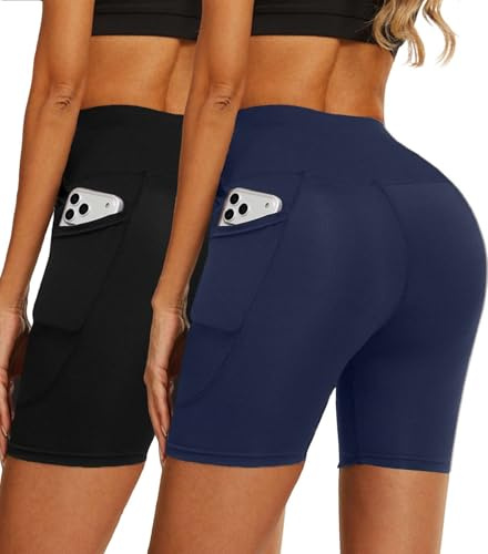 Yutdeng Short de Sport Femmes Short Cycliste Été Taille Haute Legging Court avec Poches Latérales Short de Yoga Opaque Leggings Anti Frottement Shorty pour Gym Course à Pied,Noir+Beu Marine,S-M