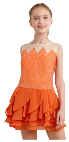 TiaoBug Maillot De Patinaje Artístico para Niñas Vestido Sin Mangas con Falda Tutú Maillot Gimnasia Rítmica Traje Bailarina Actuación Naranja 7-8 años