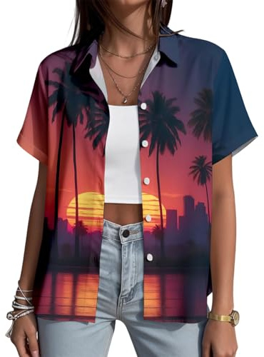 Hawaiiansk skjorta med knappar för kvinnor – palmträd tryck sommar Hawaii skjorta strand tropiska hawaiianska skjortor daglig semester resor, En solnedgång moln, 5XL
