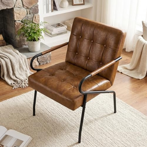 Hellove Mid-Century Modern Arm Chair, Comfy Faux Leather Accent Chair with Metal Legs, Living Room Lounge Chair with Thick Cushion, Reading Occasional Chair for Bedroom Office Waiting Room, Brown