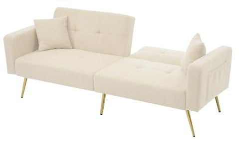 DRIXNO Schlafsofa, 2 Sitzer Sofa mit Schlaffunktion, Klappbares Schlafcouch Verstellbarem Winkel, mit Kissen und seitlichen Aufbewahrungstaschen, für Wohnzimmer, Büro, Lounge, Schlafzimmer, Beige