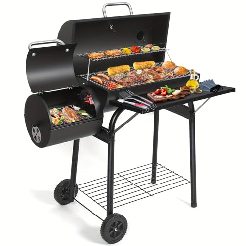 Charcoal Barbecue Grill with Offset Smoker, Large Drum Grill for Outdoor Cooking, Garden, Patio, Picnic, and Camping