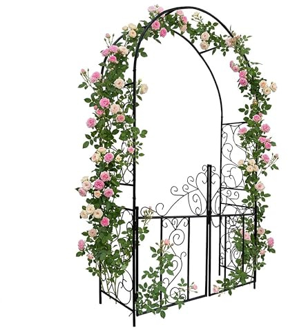 Relaxdays Arco per rose con cancello, ornamenti per rampicanti, giardino, HxLxP: 230 x 130 x 38 cm, metallo, nero