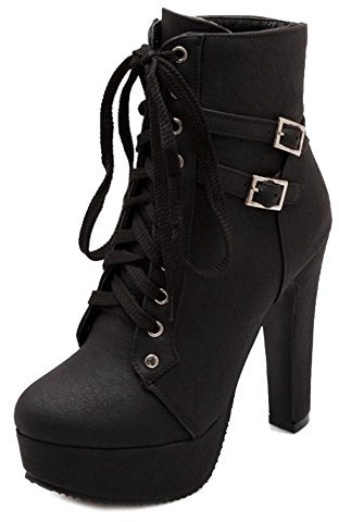 Smilice Damen Stiefeletten mit Absatz Plateau Stiefeletten mit Nieten (Schwarz, 42 EU)