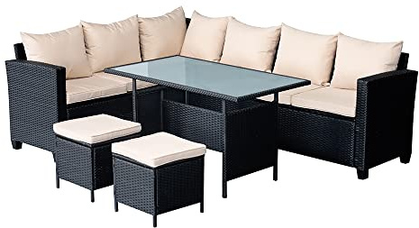 Panana 8 Seater Rattan Garden Furniture Corner Dining Set, Outdoor Sofa Set with Dining Table, 2 Stools, Cushions, Free Cover for Patio & Conservatory (Black Wicker with Beige Cushions)