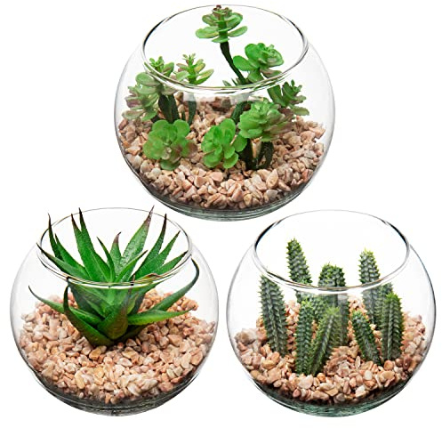 Briful Small Artificial Succulent Plants Fake Succulent Set of 3, Artificial Plants in Geometric Glass Pots for Home Decor Office Desk Decorative Home Accessories