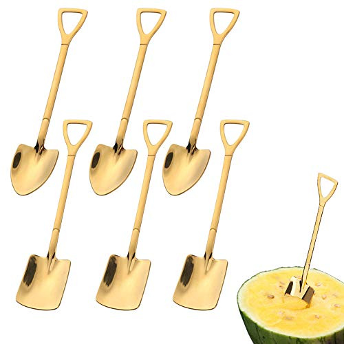 6 stainless steel spade spoons, shovel-shaped creative shovel net red spoon, watermelon spoon milk tea coffee sugar spoon ice cream dessert spoon (golden)
