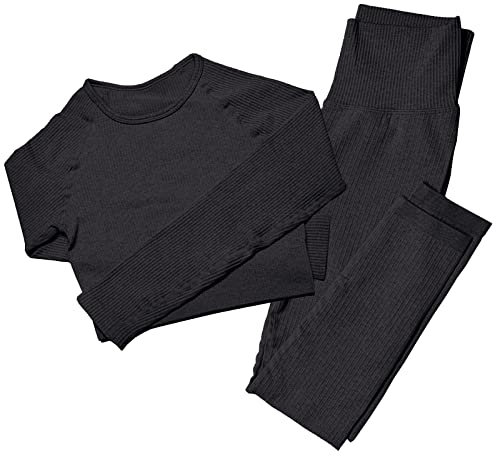 Mayround Ensemble de yoga 2 pièces sans couture pour femme | Haut à manches longues et leggings taille haute | Ensemble de vêtements de sport pour femme, Noir , XS-S