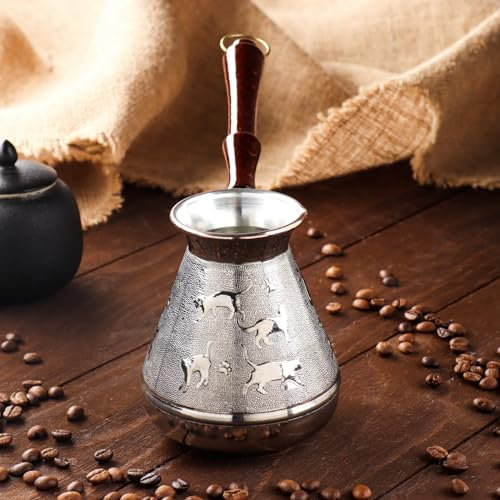 AEVVV Cafetière turque en cuivre de 500 ml – Cezve Ibrik – Décoration vintage avec motifs orientaux gravés – Cafetière grecque briki avec poignée en bois