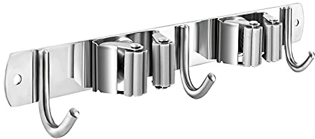 Nuulyycyi Broom and Mop Holder Wall Mounted, Broom Hanger Storage Rack, Stainless Steel Mop Hanger, Dustpan Holders with 2 Racks and 3 Hooks, Heavy Duty utility hooks for hanging brooms and mops