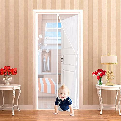 CGUOZI Magnet Fliegengitter Tür 85 x 195 cm Insektenschutz Tür Vorhang mit, Magnet Fliegenvorhang, Klebemontage Ohne Bohren, Ideal für Balkontür Wohnzimmer - Weiß