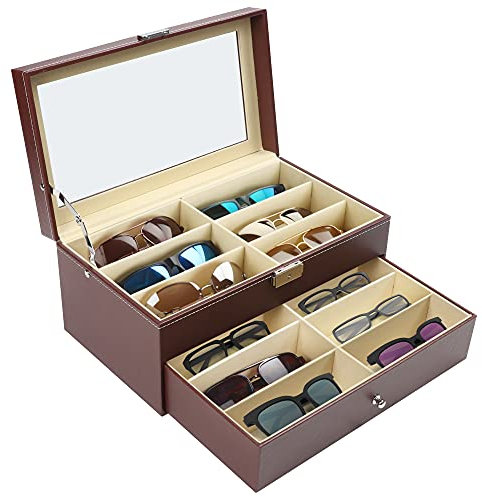 Kurtzy Kunstleder Brillen Organizer Braun – 12 Fächer Brillenbox für Mehrere Brillen – Brillen Box Verschließbar mit 2 Ebenen & Schubladen für Sonnenbrille, Brillen, Schmuck, Uhr für Damen & Herren