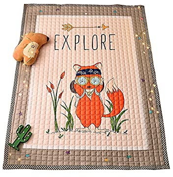 Kinder Baby Krabbeldecke Faltbare, Hiseng Baumwolle Groß Spielmatte Kinder Teppiche Rutschfeste Baby Bodenmatte Waschbare Krabbelmatte für Outdoor Spielteppich (Abenteuer Fuchs,145x195cm)