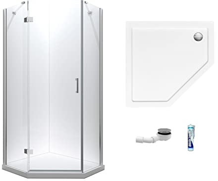 ECOLAM® Duschset Duschkabine Viva Tür LINKS Fünfeck 90 x 90 x 195 cm + Duschwanne 90 cm flach + Siphon + Silikon Duschabtrennung Dusche Echtglas transparent 8 mm ESG verchromt EasyClean Komplet-Set