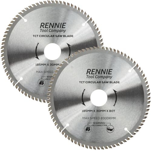 Rennie Tool 185mm x 30mm Bore x 80T TCT Circular Saw Blades (2 Pack) | For Bosch Makita Dewalt Circular Saws Etc. Includes 25mm 20mm & 16mm Bore Reduction Rings 185mm x 80 Teeth Wood Saw Blades