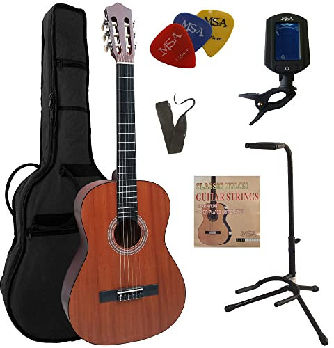 4/4 GITARRE - MAHAGONI KONZERTGITARRE IM SET - CLASSIC - NATUR - TASCHE - BAND - SAITEN - 3xPLEKTRON - STIMMGERÄT - STÄNDER