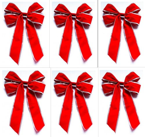 CaPiSo 6 Stück Große Schleife 20x30 cm Lurex Geschenkschleife Dekoschleife Satinschleife Stoffschleife Geschenkverpackung Stoff Schleife Satin (Velour Einfach Rot-Silber)