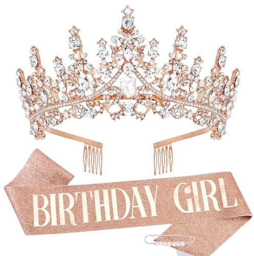SHANKAM Geburtstag Krone Schärpe,Geburtstag Gürtel und Krone Set,Geburtstag Krone Frau,Geburtstags Schärpe,mit Perlennadel,Geeignet als Dekoration für Mädchengeburtstage（Roségold）