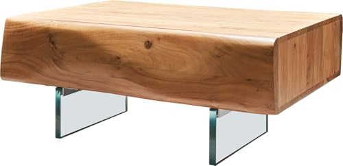 DELIFE Beistelltisch New Live-Edge Akazie Natur 80x60 cm 2 Schubladen Glasfuß schwebend