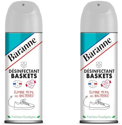 Baranne Désinfectant Baskets | Elimine 99,9% des bactéries* | Fraicheur Eucalyptus |Assainit vos baskets de ville et de sport | Fabriqué en France | Aérosol 200 mL (Lot de 2)
