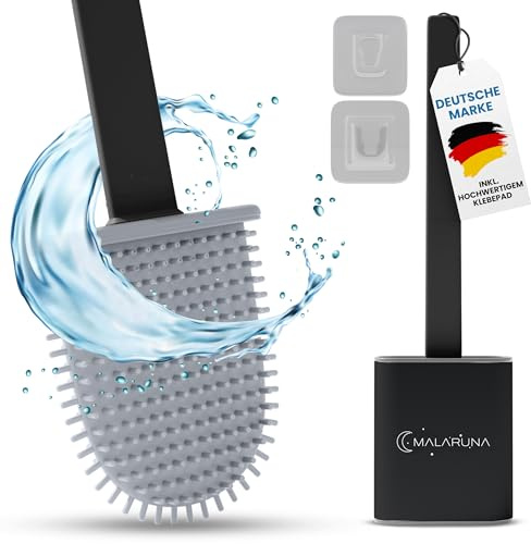 MALARUNA Toilettenbürste silikon - Klobürste Silikon, Bürstengarnitur mit Wandmontage Set für Bad, Flexibler hygienischer Bürstenkopf, WC Bürste Schwarz, Weiß, Grau, WC Bürste Silikon (Schwarz)