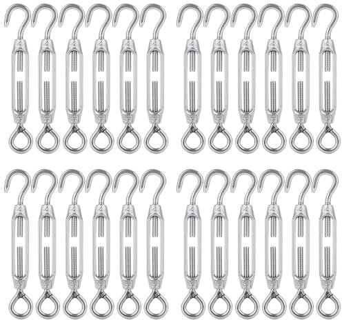 AHAQU 24PCS M4 Turnbuckle Wire Tensioner, Adjustable Hook and Eye Tensioners Rope Cable Tension Set, Heavy Duty 304 Stainless Steel Turnbuckles for Garden Wire, Fence, Outdoor Hanging