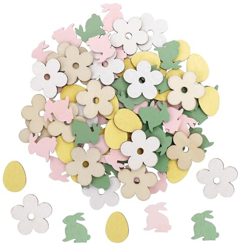 Dazzjoy Holz Konfetti Ostern Deko mit Klebeband, 70 Stk Holzhasen Ostereier Deko Ostern, Holzblumen Streudeko Oster Deko,Holzeier Streudeko Frühling,Osterkonfetti Tischdeko,Deko für Ostern zum Basteln