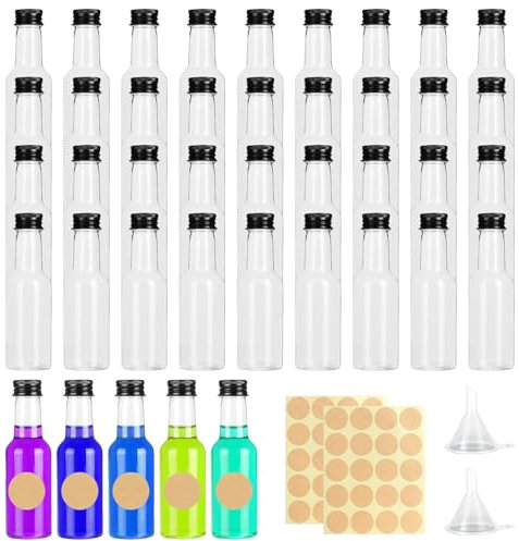 Liwein Mini Bouteilles de Liqueur Vides 30ml Bouchon Noir, Entonnoirs et Étiquettes 50pcs