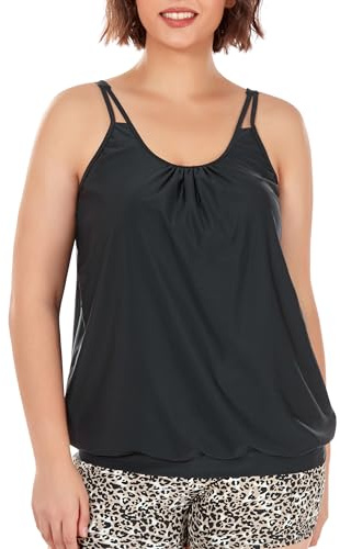 Ocean Blues Women's Black Plus Size Tankini Top Loose Fit Blouson Swimsuit Top with Adjustable Straps Size Large