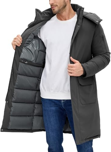 Voqeen Jackor Herr Vinter Lång Varm Tjock Quiltad Jacka Med Luva Avtagbar Termisk Jacka med Flera Utomhusfickor, Mörkgrå, L