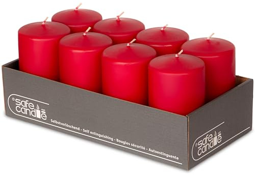 DecoLite Stumpenkerzen 13 x 7 cm, 61h Brenndauer, 8er Set, Rot | RAL-geprüft, Safe Candle mit Abbrandstopp, tropf- & rußfrei, ohne Duft, 8 Stück, 13 x 7 cm, 61 h