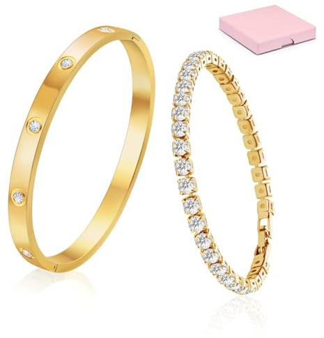 Ouxayapl 18K Vergoldet Vierblättriges Kleeblatt Armband, 18K Vergoldet Vierblättriges Kleeblatt Anhänger Halskette, Gold Armband Cubic Zirkonia Armreif, 3 PCS Schmuck Set für Geschenke Geburtstags