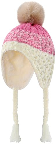 KAKU NANU Vintermössa baby småbarn tofs för mössa med öronlappar 6 månader – 4 år, dubbla lager fleece fodrad stickad mössa mössa, Vit/rosa, 6-12 månader