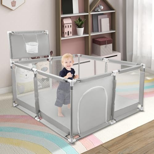 Laufstall für Babys, Laufstall für Kinder, großer Laufstall, Familienspielcenter, Aktivitätszentrum, 126 x 126 x 66 cm – 50 kleine Kugeln – 4 Saugnäpfe – Hellgrau