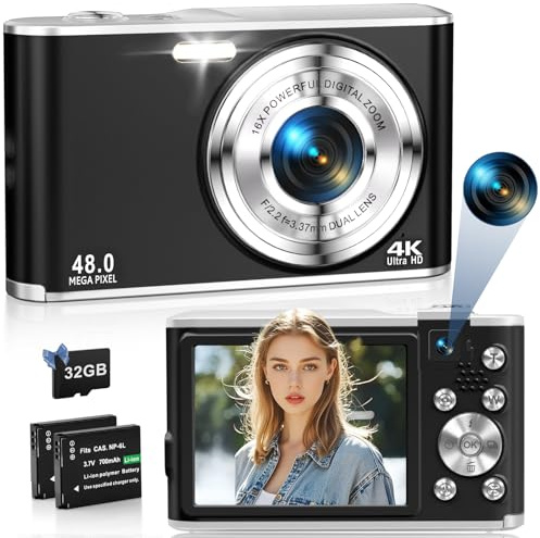 4K Digitalkamera 48MP Autofokus Kompaktkamera mit Dual Front- und Rückkameras Vlogging, YouTube für Fotografie, 16X Digitalzoom mit 32GB TF-Karte & 2 Batterien - Schwarz