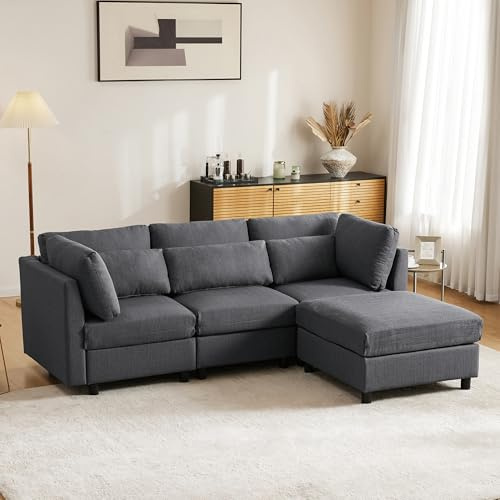 Mrwoo Sofá Cama en L Modular, 3 Plazas con Reposapiés, Extensible para Dormir, 5 Cojines, Sofa para Salón/Dormitorio/Apartamento, Lino, Color Gris