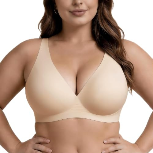 PQK Jelly Bra for Women Deep V Push Up Wireless Seamless T Shirt Bra No Underwire Full Coverage Padded Bralette Soft Lift with Extender Nude