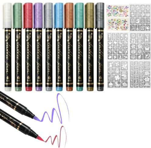 Glitter tatuering pennor set, 10 färger med 5 mallar tillfälligt torkbeständig | 17-delat kroppsmålningsset med 5 mallar och 2 diamantklistermärken, torkbeständigt bläck för festival och halloween