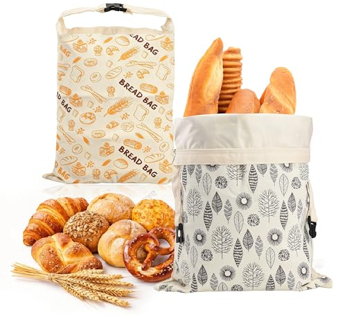 Avernest 2 Bolsa de Pan de Lino Reutilizable, 44 cm x 33 cm, Paneras para Guardar el Pan con Banda Elástica y Mosquetón, Forro de TPU para Mantener el Pan y los Productos Horneados Frescos