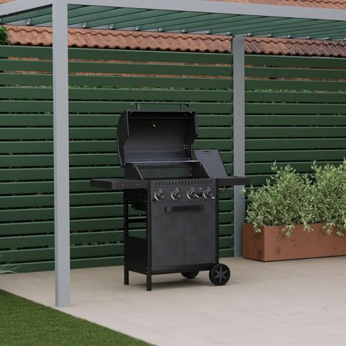 CHARLES BENTLEY ottimo 350 4-Burner Gas BBQ Built-In Thermometer, Cast-Iron Cooking Grids, Side Burner, Matt-Grey Powder-Coated Finish & Storage Cabinet (123x58x110cm)
