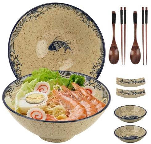 GEEKHOM Japanische Ramen Schüssel 2x 1200ml Ramen Bowl aus Keramik - Traditionelle Geschirr Schale, Groß, Mikrowelle & Spülmaschinenfest, für Nudeln, Suppe, Pho, Salat - 10er Ramenschüssel Set