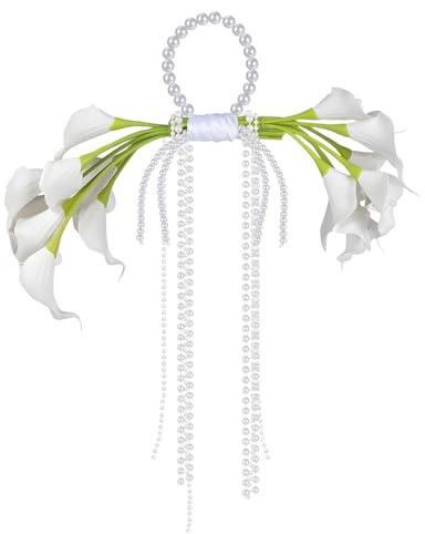 yeeplant Bouquet da sposa di calle bianche con manico di perle, fiori artificiali in poliuretano, bouquet legato a mano con fili drappeggiati, 62 x 42,9 cm, per matrimoni, chiese, damigelle d'onore