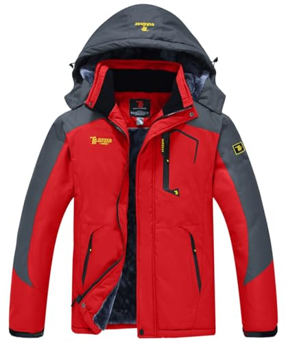 donhobo Veste Ski pour Homme Vestes Imperméable Chaudes Polaires Vestes De Randonnée Manteau Épais avec Capuche Amovible (Rouge, S)