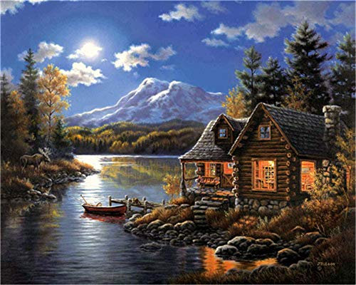 YEESAM ART DIY Ölgemälde Malen nach Zahlen Erwachsene Kinder, Schnee Berg Wald Ruhiges Haus am Fluss Zahlenmalerei ab 5 Öl Wandkunst (Fluss, mit Rahmen)