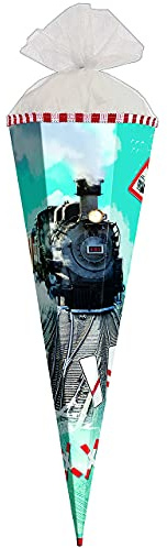 Schultüte - Eisenbahn - Lokomotive - 50 cm - rund - mit Tüllabschluß - Zuckertüte Roth - mit/ohne Kunststoff Spitze - für Jungen/Geschenktüte/Lok Ba..