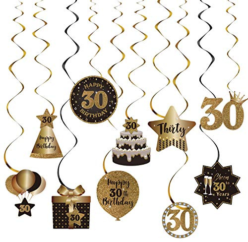 SZHUIHER Happy 30th Birthday Party Hanging Swirls Streams Ceiling Decorations, 30 Foil Hanging Swirls with Cutouts for 30 Years Old Black and Gold Birthday Party Decorations Supplies